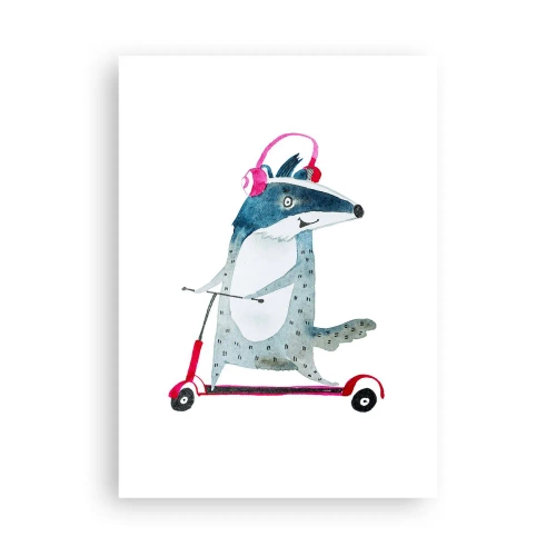 Poster - Abbildung eines Dachses auf einem Roller mit rosa Kopfhörern - 50x70cm - Dachsfreude - Moderne Wanddekoration für Wohnzimmer und Schlafzimmer ARTTOR
