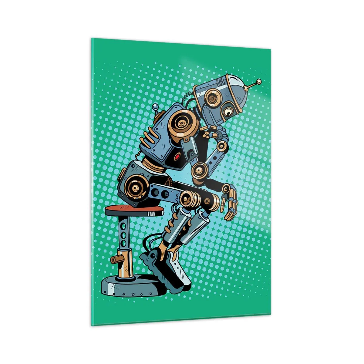 Glasbild - Bild auf glas - Ein Roboterdenker vor einem grünen Pop-Art-Musterhintergrund. - 50x70cm - Über der Essenz des Seins - Moderne Wanddekoration für Wohnzimmer und Schlafzimmer ARTTOR