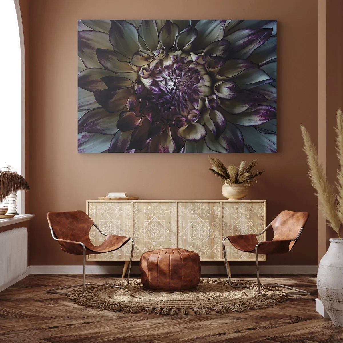 Bild auf Leinwand - Leinwandbild - Nahaufnahme einer Dahlienblüte in dunklen Tönen - 70x50cm - Die Blütezeit der Jugend - Moderne Wanddekoration für Wohnzimmer und Schlafzimmer ARTTOR