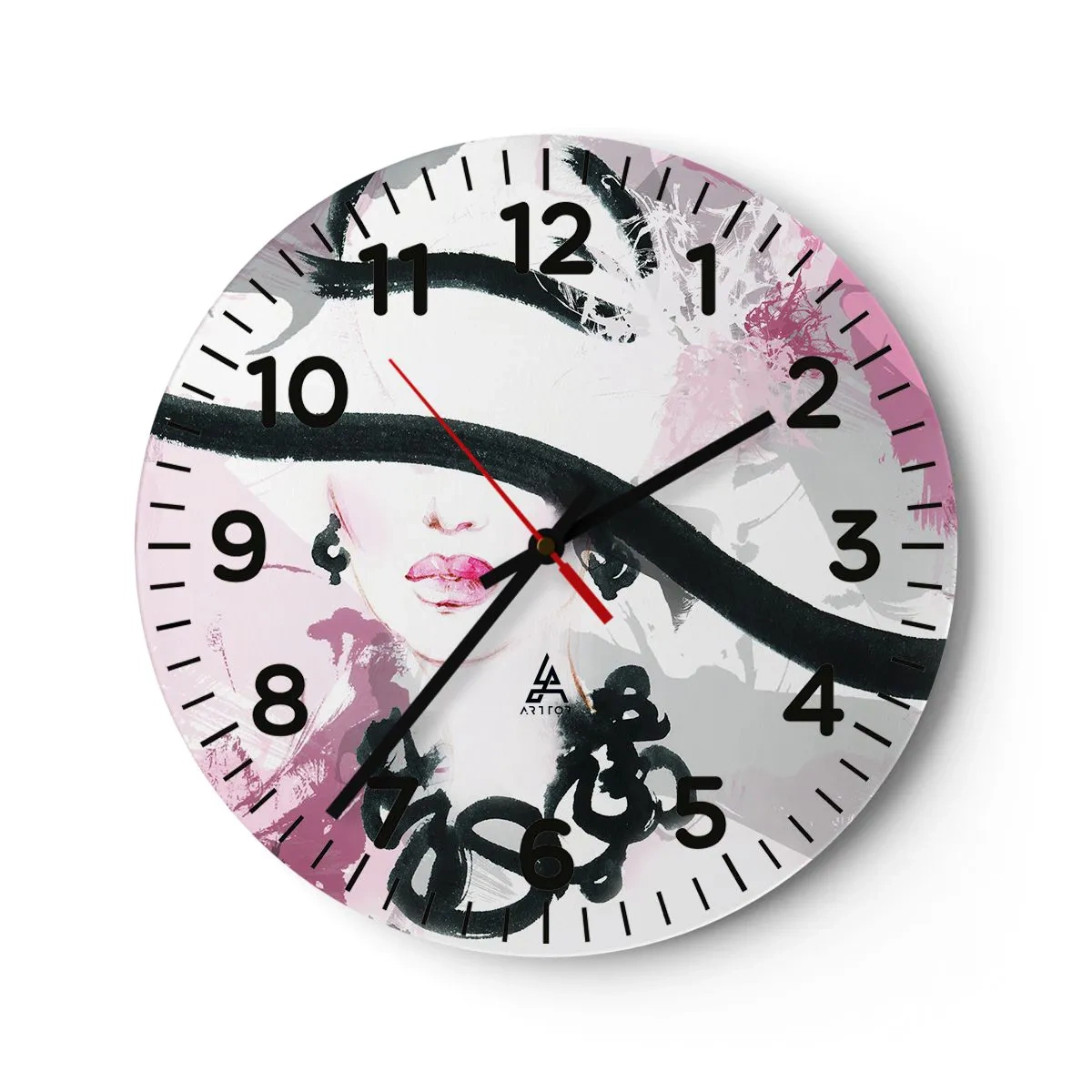 Wanduhr - Glasuhr - Bildnis einer Dame in Schwarz und Pink - 30x30 cm