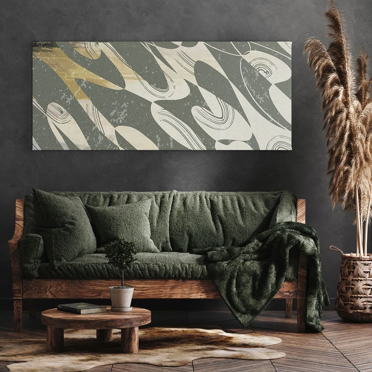 Bild auf Leinwand - Leinwandbild - Dynamische Formen in Grün- und Goldtönen - 160x50cm - Rhythmische Abstraktion - Moderne Wanddekoration für Wohnzimmer und Schlafzimmer ARTTOR