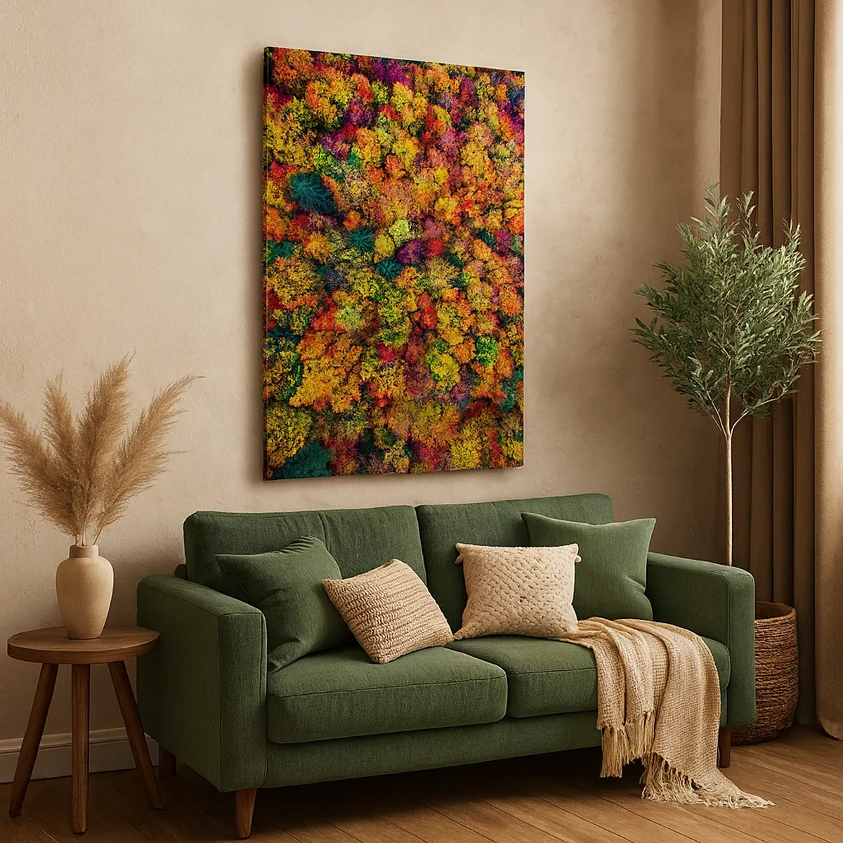 Bild auf Leinwand - Leinwandbild - Bunte Baumkronen in der Herbstpalette - 50x70cm - Blumenstrauß aus Herbstbäumen - Moderne Wanddekoration für Wohnzimmer und Schlafzimmer ARTTOR