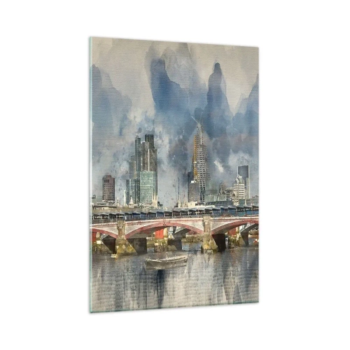 Glasbild - Bild auf glas - Aquarellansicht der Brücke und der Skyline der Stadt - 80x120cm - London in seiner ganzen Pracht - Moderne Wanddekoration für Wohnzimmer und Schlafzimmer ARTTOR