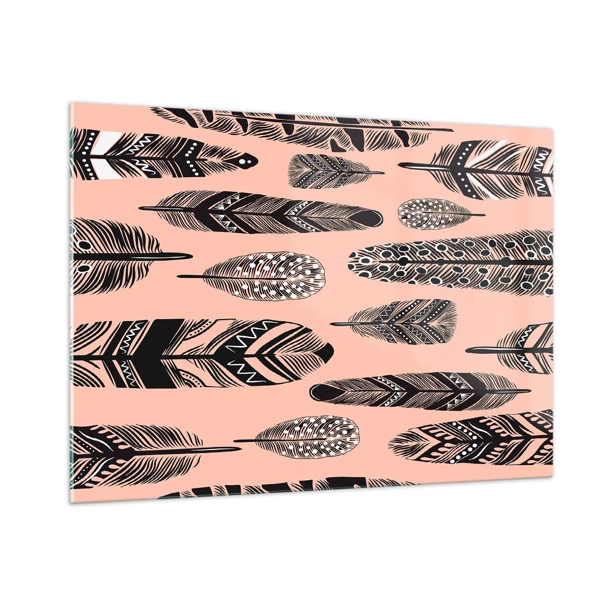 Glasbild - Bild auf glas - Dekorative Federn mit schwarz-weißem Muster auf rosa Hintergrund - 100x70cm - Indische Sammlung - Moderne Wanddekoration für Wohnzimmer und Schlafzimmer ARTTOR