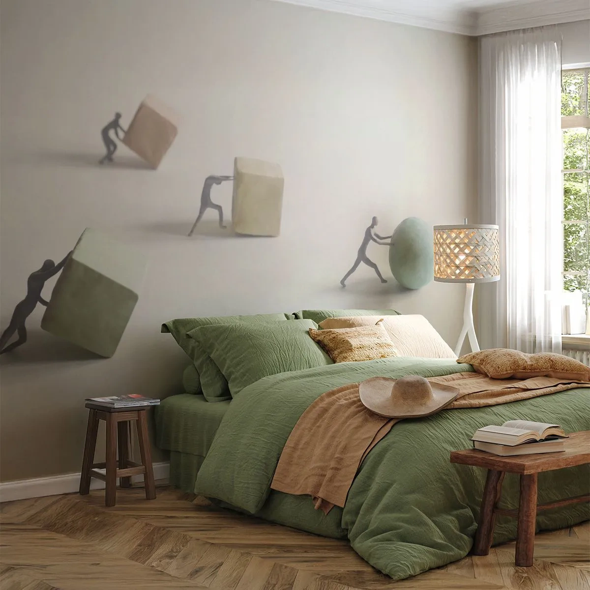 Fototapete Premium Sand - Eine minimalistische Szene mit Figuren und geometrischen Formen - 100x70cm - Pures Leben - Moderne Wanddekoration für Wohnzimmer und Schlafzimmer ARTTOR