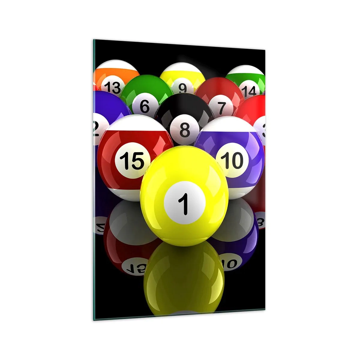 Glasbild - Bild auf glas - Bunte Billardkugeln in einem Dreieck auf schwarzem Hintergrund angeordnet - 70x100cm - Verschiedene Spielfarben - Moderne Wanddekoration für Wohnzimmer und Schlafzimmer ARTTOR