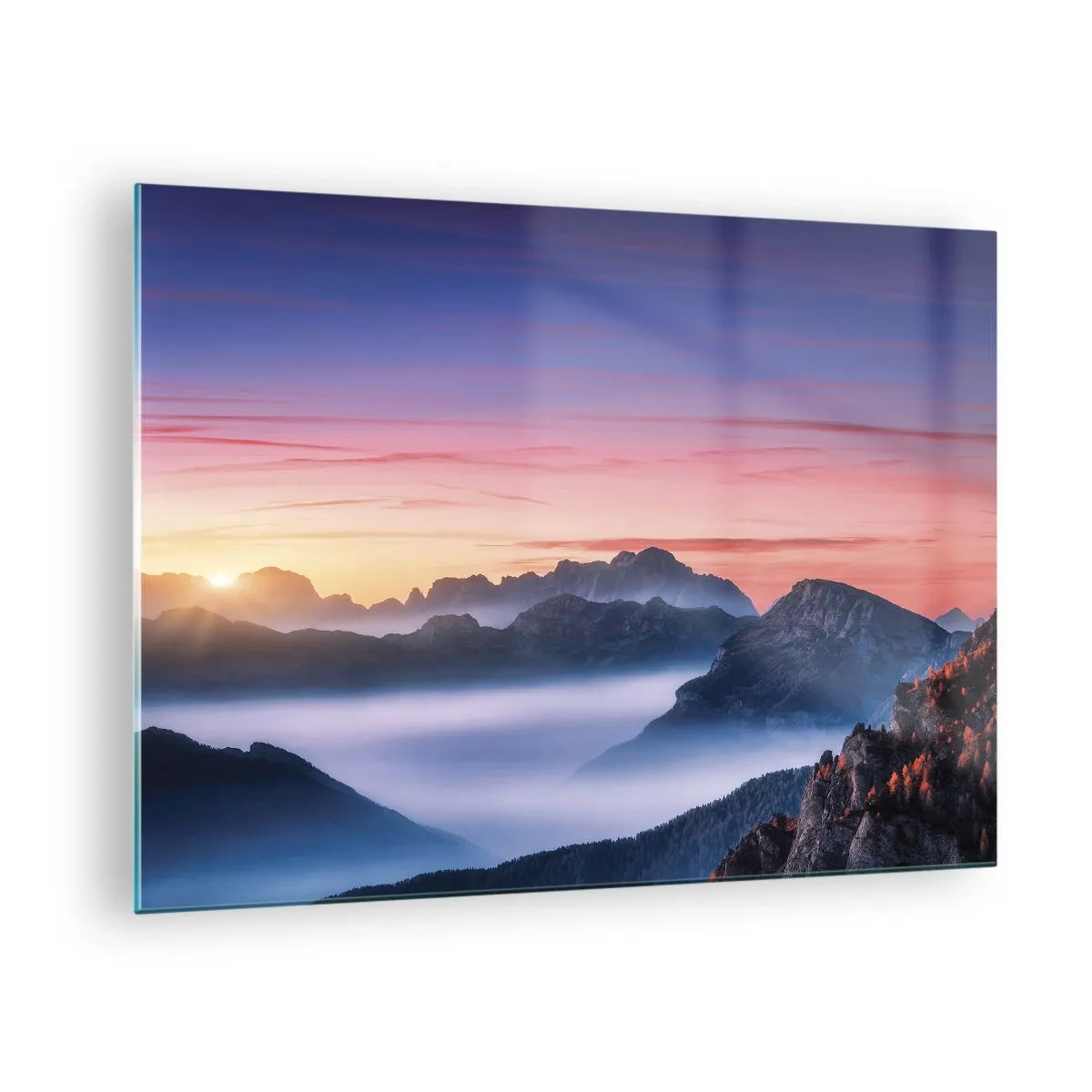 Glasbild - Bild auf glas - Ein malerischer Sonnenaufgang über der Berglandschaft - 70x50cm - Über die Täler - Moderne Wanddekoration für Wohnzimmer und Schlafzimmer ARTTOR