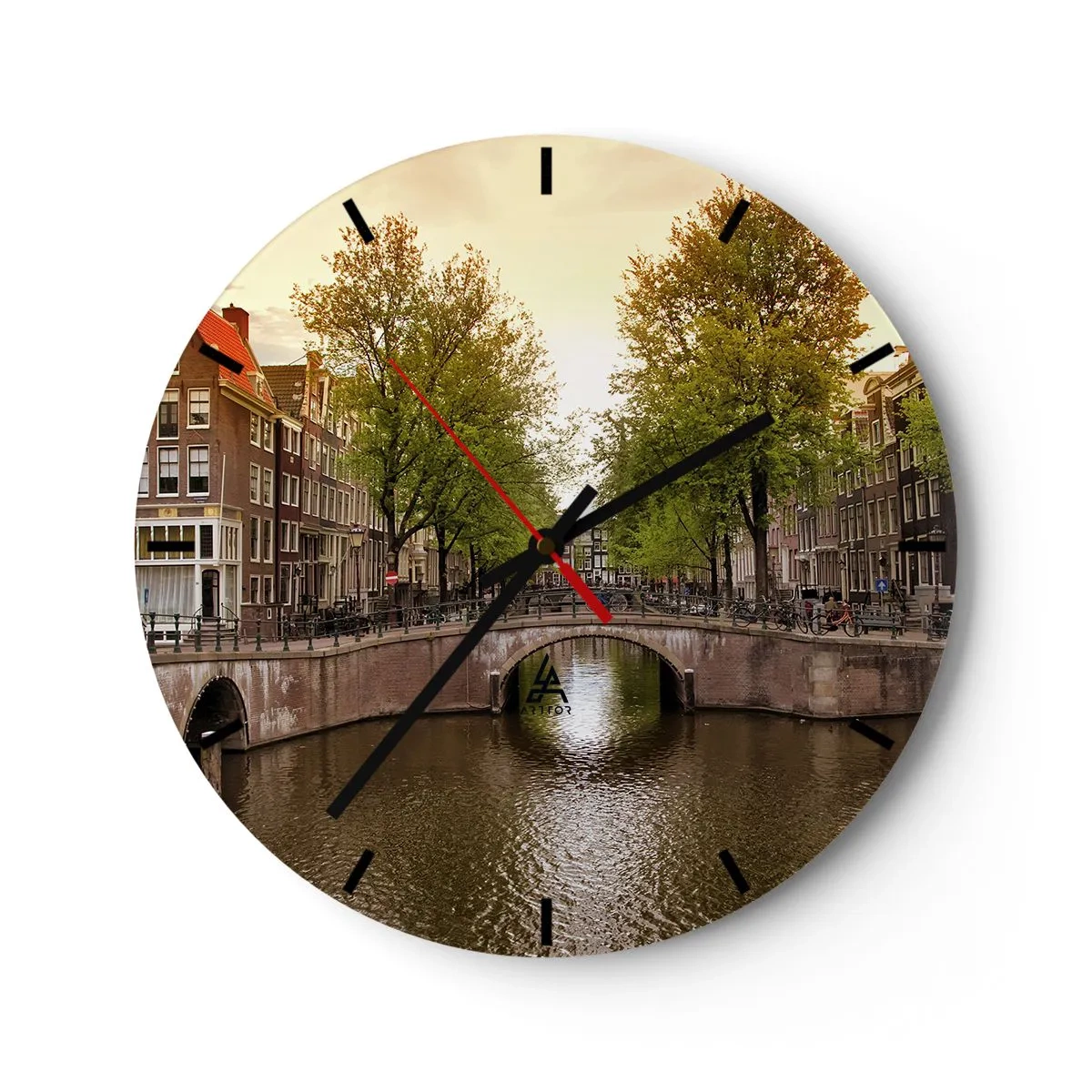 Wanduhr - Glasuhr - Kanal mit Brücke und Mietshäusern in Amsterdam - 30x30cm - Mit dem Boot oder mit dem Fahrrad? - Moderne Wanddekoration für Wohnzimmer, Küche und Schlafzimmer ARTTOR