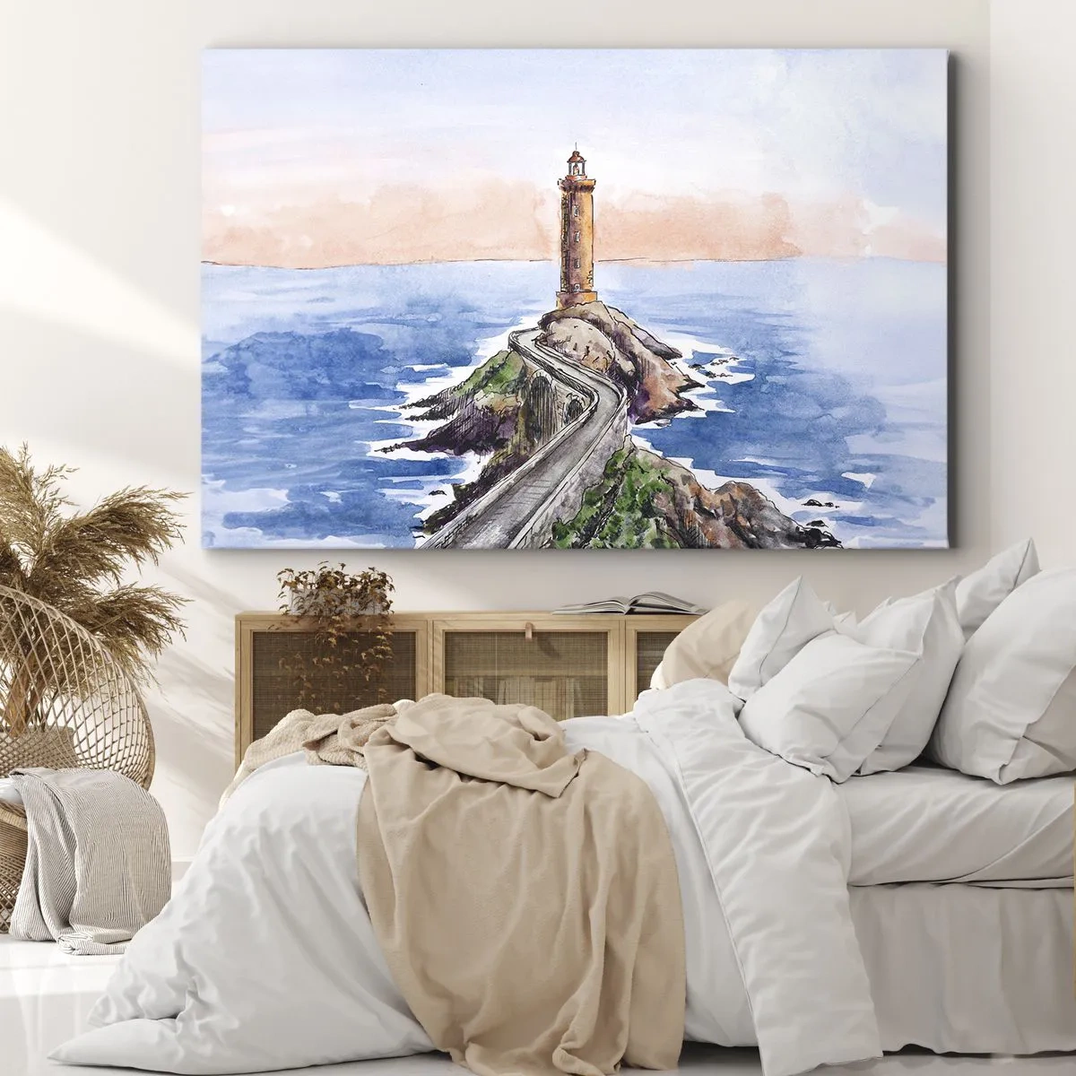 Bild auf Leinwand - Leinwandbild - Ein Leuchtturm an einer felsigen Küste - 100x70cm - Dem Meer zugewandt - Moderne Wanddekoration für Wohnzimmer und Schlafzimmer ARTTOR