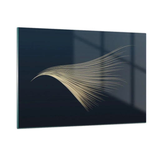 Glasbild - Bild auf glas - Eine goldene Linie, die einem Flügel auf einem marineblauen Hintergrund ähnelt - 120x80cm - Wie das Haar eines Engels - Moderne Wanddekoration für Wohnzimmer und Schlafzimmer ARTTOR