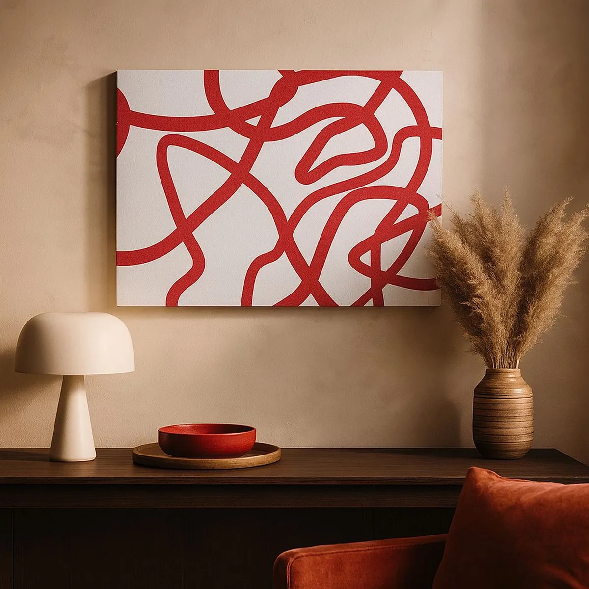 Bild auf Leinwand - Leinwandbild - Rote abstrakte Linien auf weißem Hintergrund - 70x50cm - Rot auf Weiß - Moderne Wanddekoration für Wohnzimmer und Schlafzimmer ARTTOR