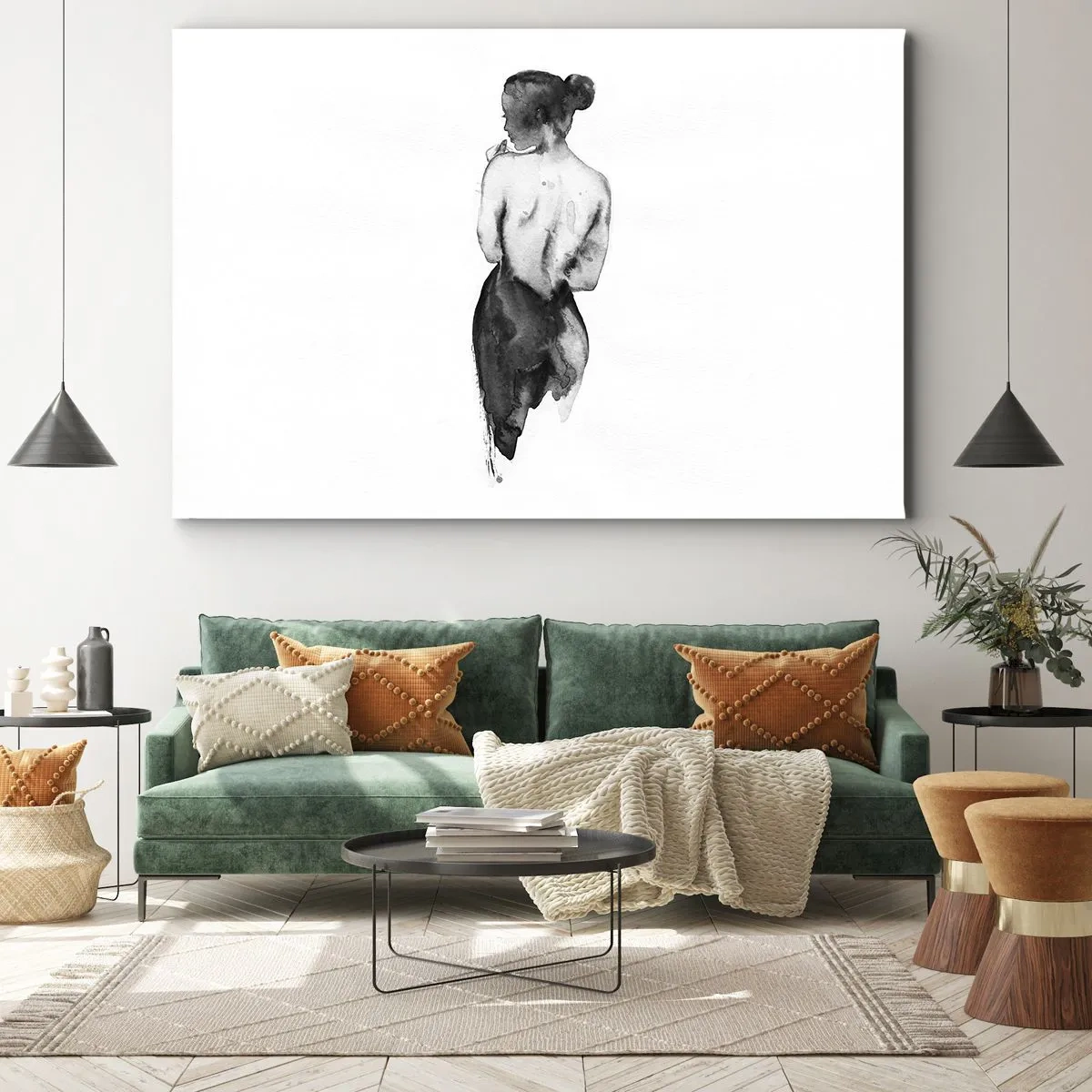 Bild auf Leinwand - Leinwandbild - Die Figur einer Frau, eingefangen in subtilem Aquarell - 70x50cm - Bei ihr verschwindet die Welt - Moderne Wanddekoration für Wohnzimmer und Schlafzimmer ARTTOR