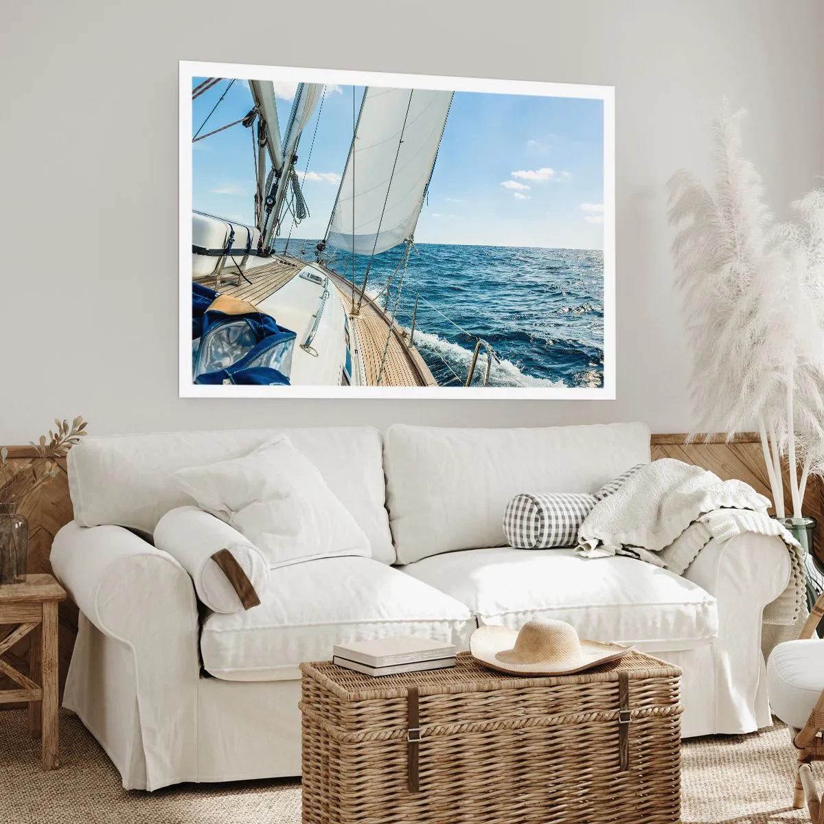 Poster - Ein Segelboot auf ruhiger See unter blauem Himmel - 100x70cm - Ahoi, Abenteuer - Moderne Wanddekoration für Wohnzimmer und Schlafzimmer ARTTOR