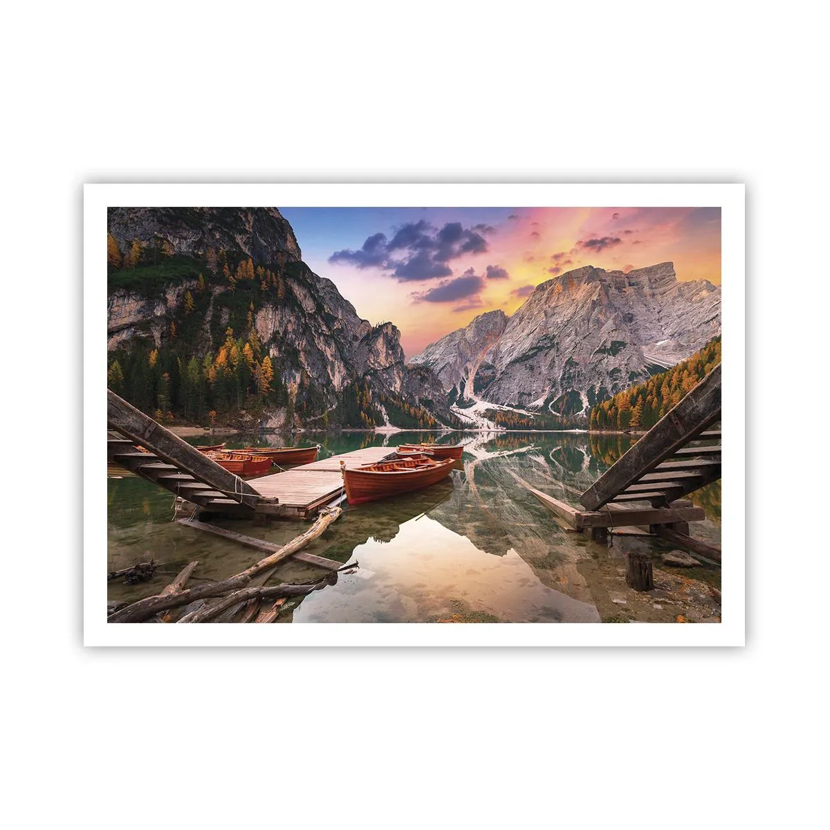 Poster - Bergsee mit Booten bei Sonnenuntergang - 100x70cm - Versprechen des Tages - Moderne Wanddekoration für Wohnzimmer und Schlafzimmer ARTTOR