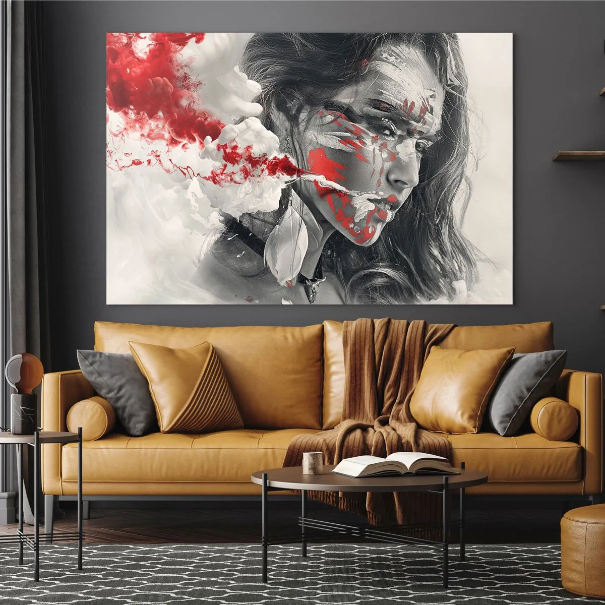 Glasbild - Bild auf glas - Porträt einer Frau mit abstrakten rot-weißen Mustern - 70x50cm - Im Dunst der Absurdität - Moderne Wanddekoration für Wohnzimmer und Schlafzimmer ARTTOR