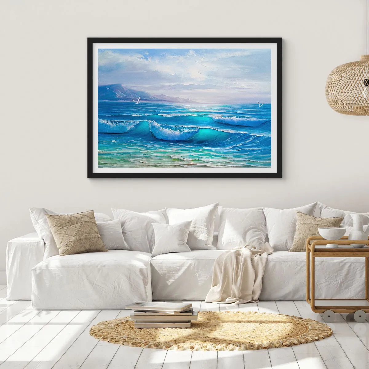 Poster in einem schwarzem Rahmen - Eine malerische Meereslandschaft mit Wellen und blauem Himmel - 70x50cm - Es bringt Erleichterung - Moderne Wanddekoration für Wohnzimmer und Schlafzimmer ARTTOR