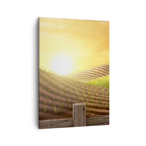 Bild auf Leinwand - Leinwandbild - Ländliche Landschaft mit einer roten Scheune, Traktor und Sonnenaufgang - 50x70cm - Ein Bauernhof wie aus einem Märchen - Moderne Wanddekoration für Wohnzimmer und Schlafzimmer ARTTOR