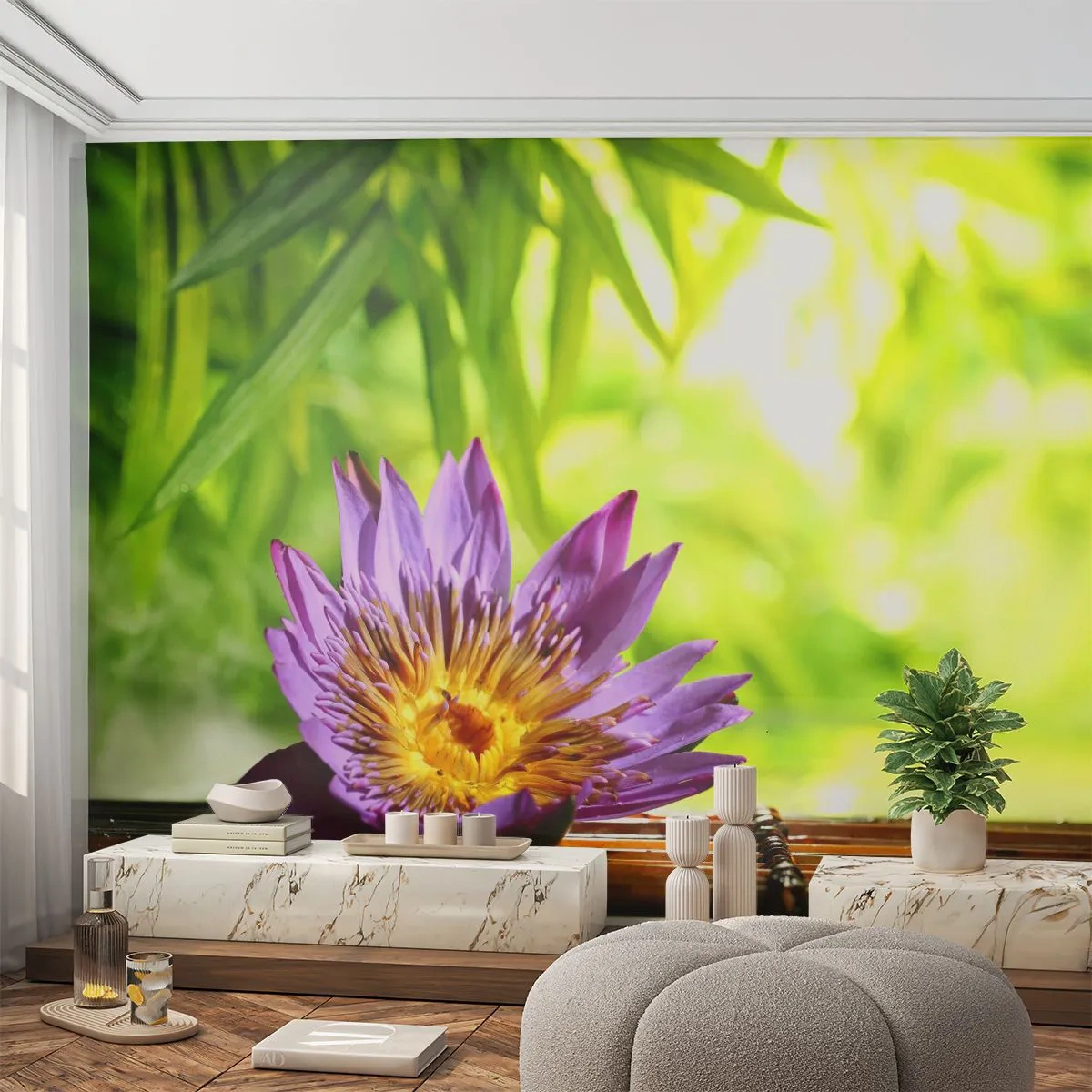 Fototapete Premium Sand - In der asiatischen Sonne - Blume, Lotus Blume, Bambus - 400x280 cm