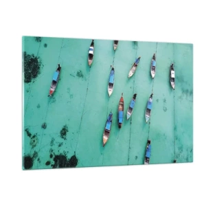 Glasbild - Bild auf glas - Boote auf türkisfarbenem Wasser von oben gesehen - 120x80cm - In freudiger Erwartung - Moderne Wanddekoration für Wohnzimmer und Schlafzimmer ARTTOR