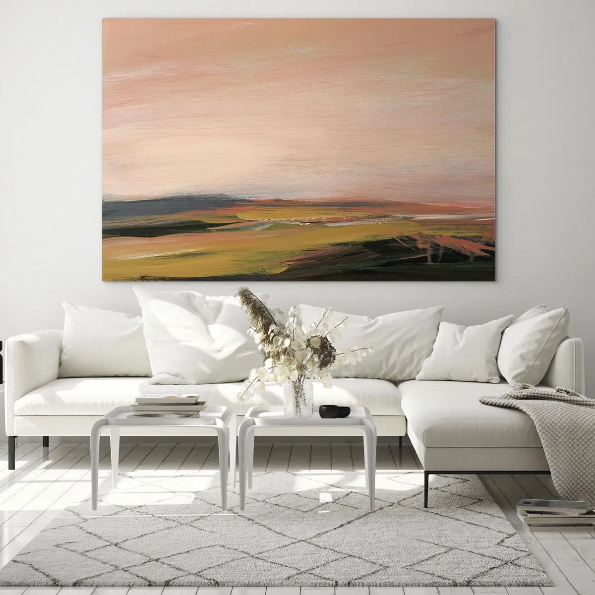 Glasbild - Bild auf glas - Eine abstrakte Landschaft in Rosa- und Grüntönen. - 70x50cm - In Rosatönen - Moderne Wanddekoration für Wohnzimmer und Schlafzimmer ARTTOR