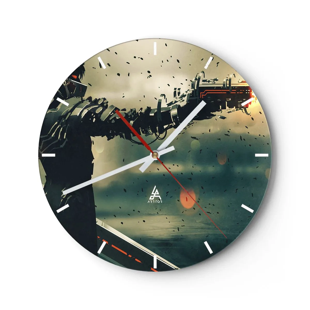 Wanduhr - Glasuhr - Eine futuristische Figur mit einer kybernetischen Waffe in einer dynamischen Umgebung. - 30x30cm - Tödliche Waffe - Dein ganz eigener Terminator - Moderne Wanddekoration für Wohnzimmer, Küche und Schlafzimmer ARTTOR