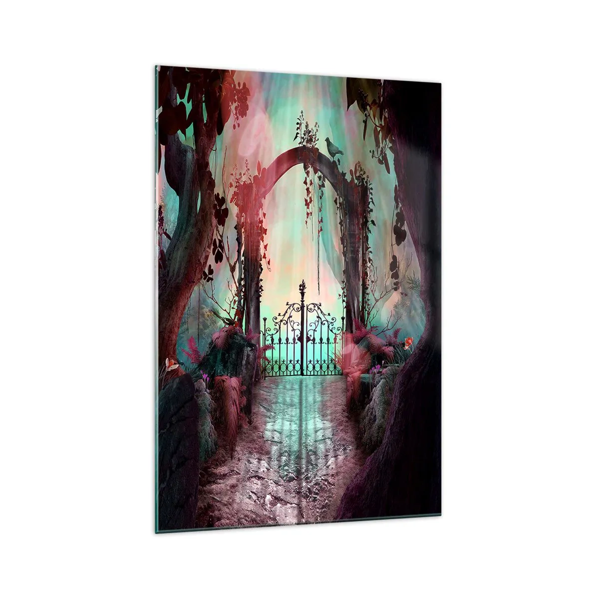 Glasbild - Bild auf glas - Ein magischer Eingang mit einem schmiedeeisernen Tor, umgeben von geheimnisvoller Vegetation - 70x100cm - Geheimer Garten - Moderne Wanddekoration für Wohnzimmer und Schlafzimmer ARTTOR