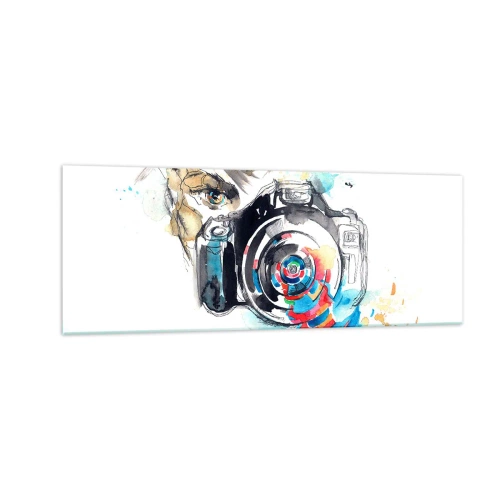 Glasbild - Bild auf glas - Aquarellkamera mit farbenfrohen Details - 140x50cm - Im Auge der Linse - Moderne Wanddekoration für Wohnzimmer und Schlafzimmer ARTTOR