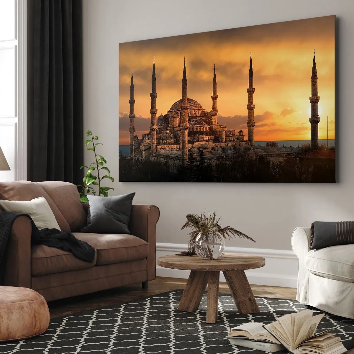Bild auf Leinwand - Leinwandbild - Die Moschee bei Sonnenuntergang in warmen Farben - 120x80cm - Gott ist großartig - Moderne Wanddekoration für Wohnzimmer und Schlafzimmer ARTTOR