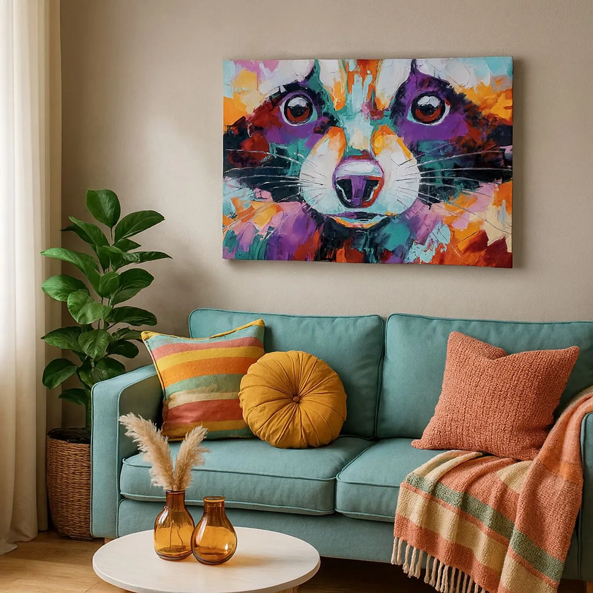 Bild auf Leinwand - Leinwandbild - Ein farbenfrohes Porträt eines Waschbären im Stil der expressiven Malerei. - 70x50cm - Nur gute Emotionen - Moderne Wanddekoration für Wohnzimmer und Schlafzimmer ARTTOR