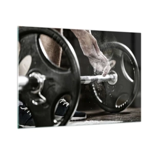 Glasbild - Bild auf glas - Gewichtheben mit Kreide an den Händen und einer Langhantel - 100x70cm - Herausforderung angenommen! - Moderne Wanddekoration für Wohnzimmer und Schlafzimmer ARTTOR