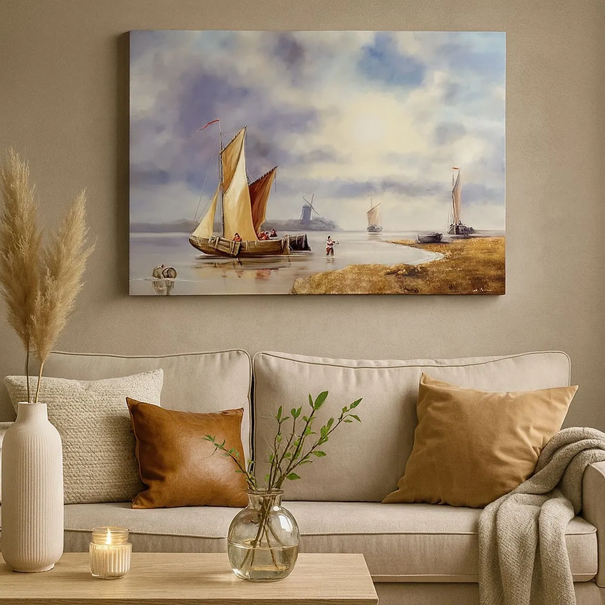 Bild auf Leinwand - Leinwandbild - Segelboote auf ruhigem Wasser mit Windmühlen im Hintergrund - 70x50cm - Die Rückkehr der Seeleute - Moderne Wanddekoration für Wohnzimmer und Schlafzimmer ARTTOR