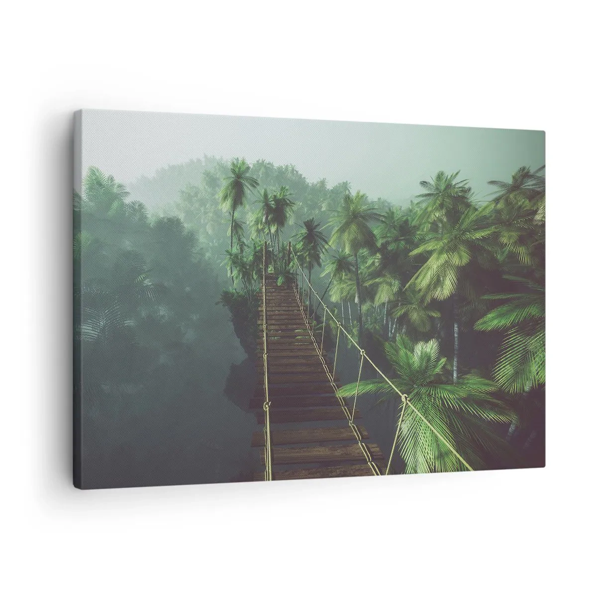 Bild auf Leinwand - Leinwandbild - Eine Hängebrücke in einem tropischen Wald, umgeben von Nebel. - 70x50cm - Über der Brandung des Grüns - Moderne Wanddekoration für Wohnzimmer und Schlafzimmer ARTTOR