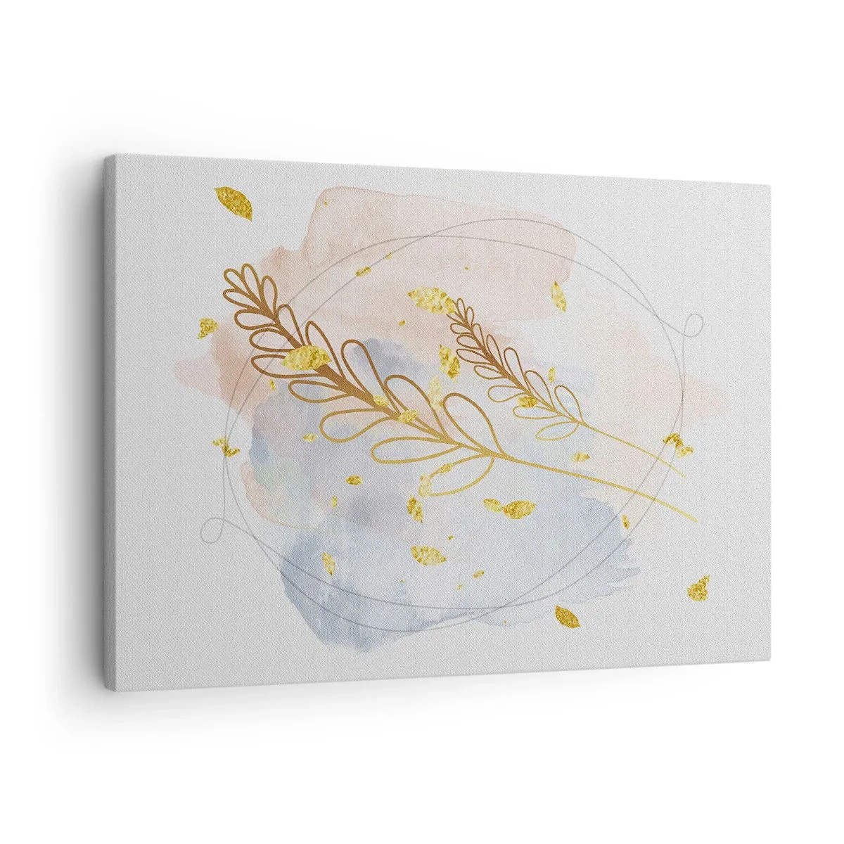 Bild auf Leinwand - Leinwandbild - Ein zartes goldenes Blattmotiv auf pastellfarbenem Hintergrund mit Aquarelldetails. - 70x50cm - Goldenr Hauch - Moderne Wanddekoration für Wohnzimmer und Schlafzimmer ARTTOR