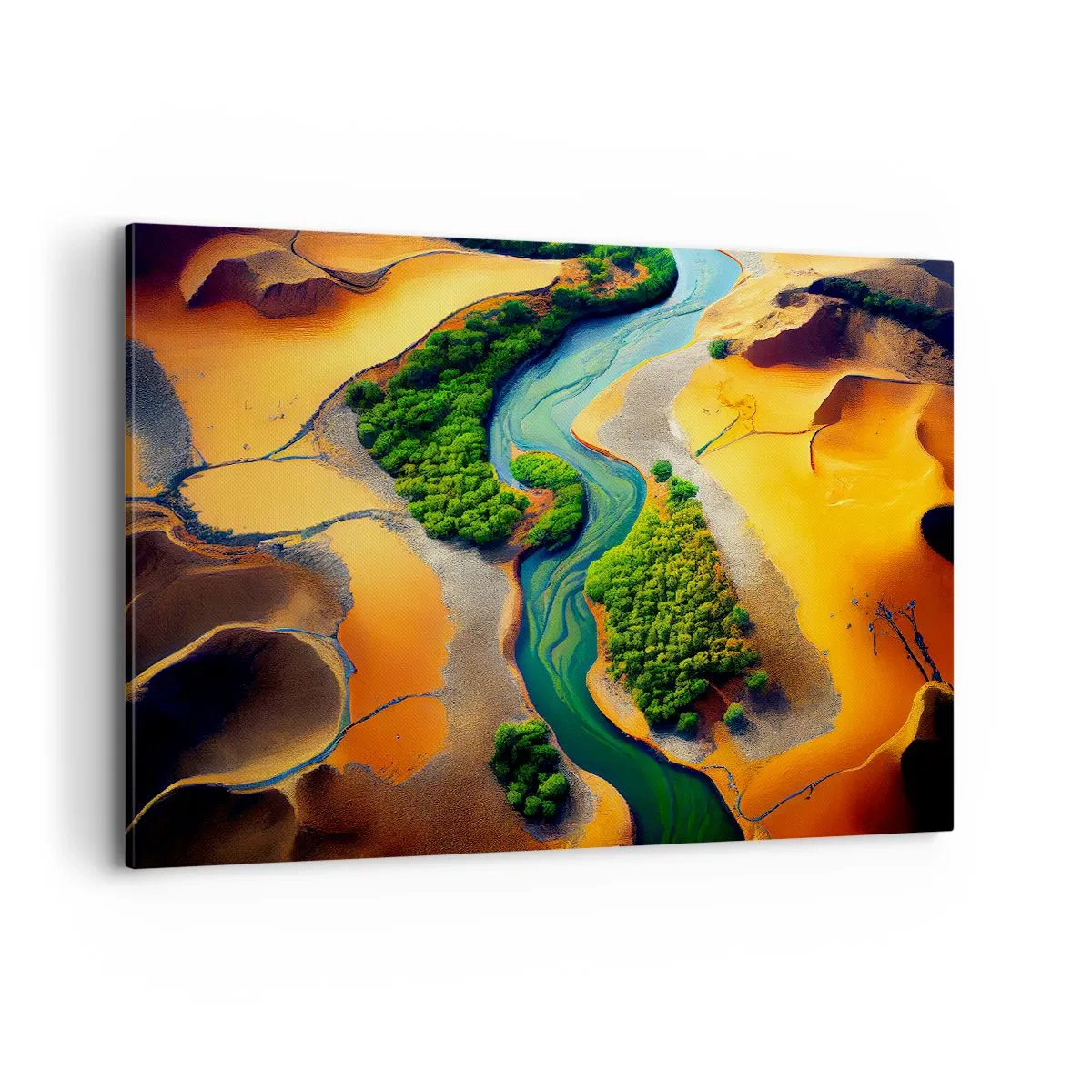Bild auf Leinwand - Leinwandbild - Ein grüner Fluss, umgeben von goldenem Sand und Vegetation - 120x80cm - Lebensspendender Fluss - Moderne Wanddekoration für Wohnzimmer und Schlafzimmer ARTTOR