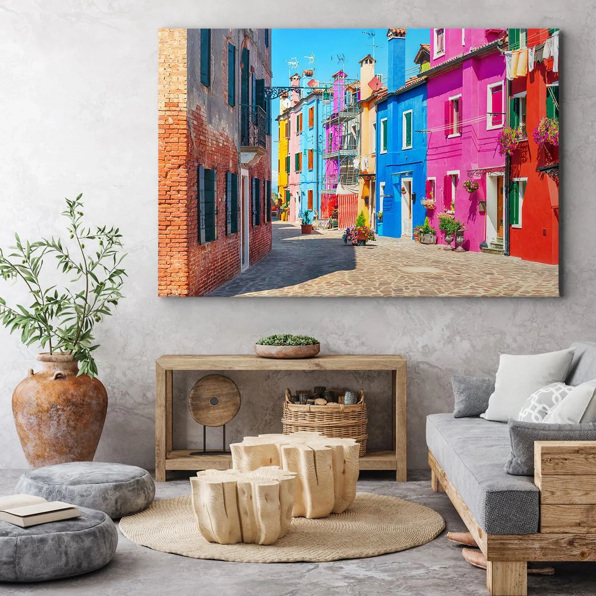 Bild auf Leinwand - Leinwandbild - Bunte Gebäude in einer engen Stadtstraße - 70x50cm - Städtchen "Zu Papageien" - Moderne Wanddekoration für Wohnzimmer und Schlafzimmer ARTTOR
