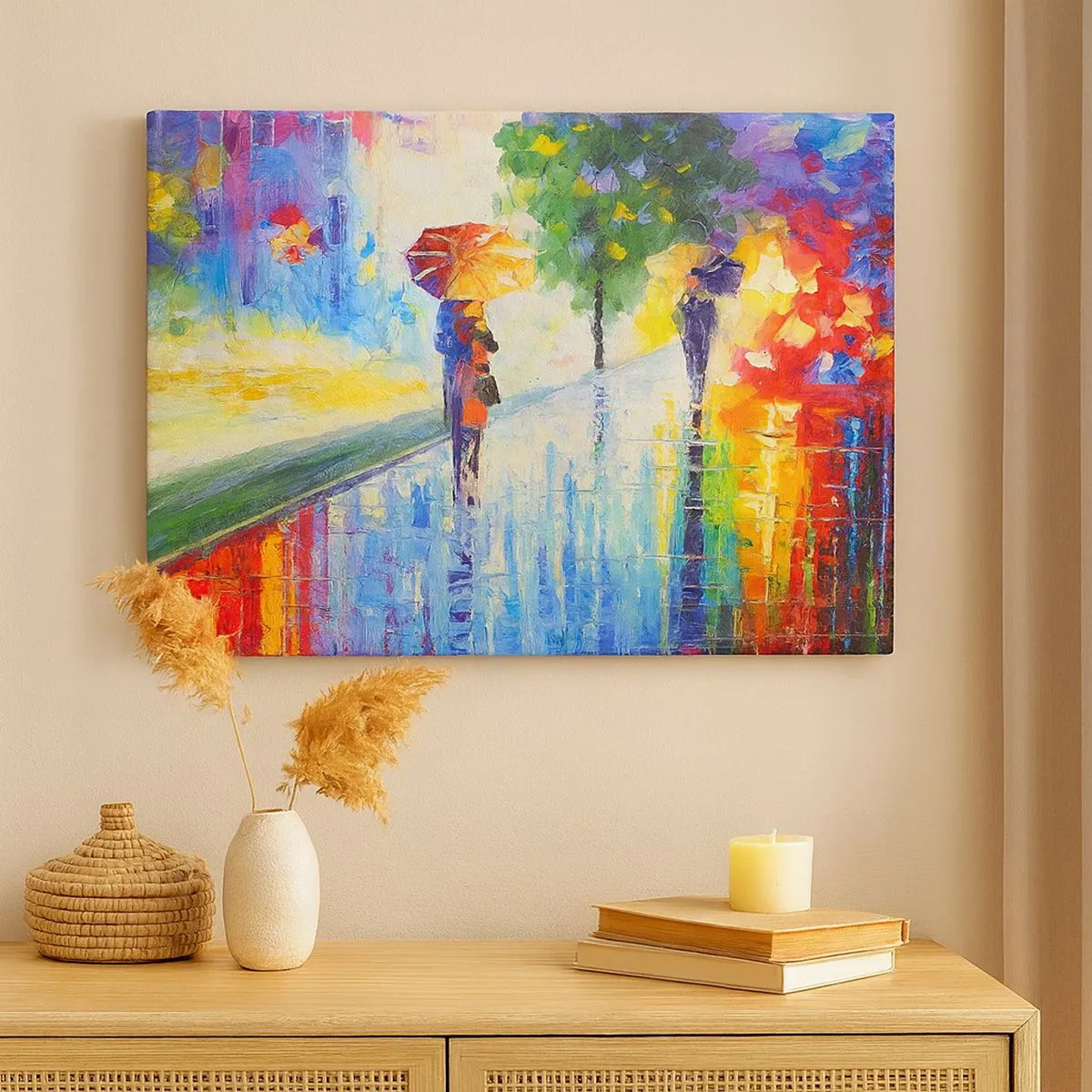 Bild auf Leinwand - Leinwandbild - Ein Spaziergang mit Regenschirm in einer farbenfrohen Regenlandschaft - 70x50cm - Und alles klar - Moderne Wanddekoration für Wohnzimmer und Schlafzimmer ARTTOR