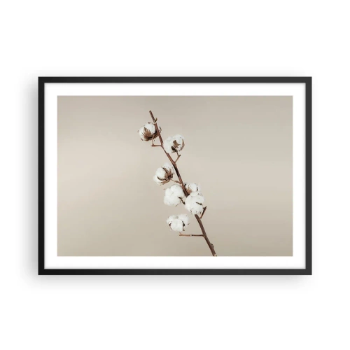 Poster in einem schwarzem Rahmen - Ein Zweig Baumwolle auf beigem Hintergrund - 70x50cm - An der Quelle der Weichheit - Moderne Wanddekoration für Wohnzimmer und Schlafzimmer ARTTOR