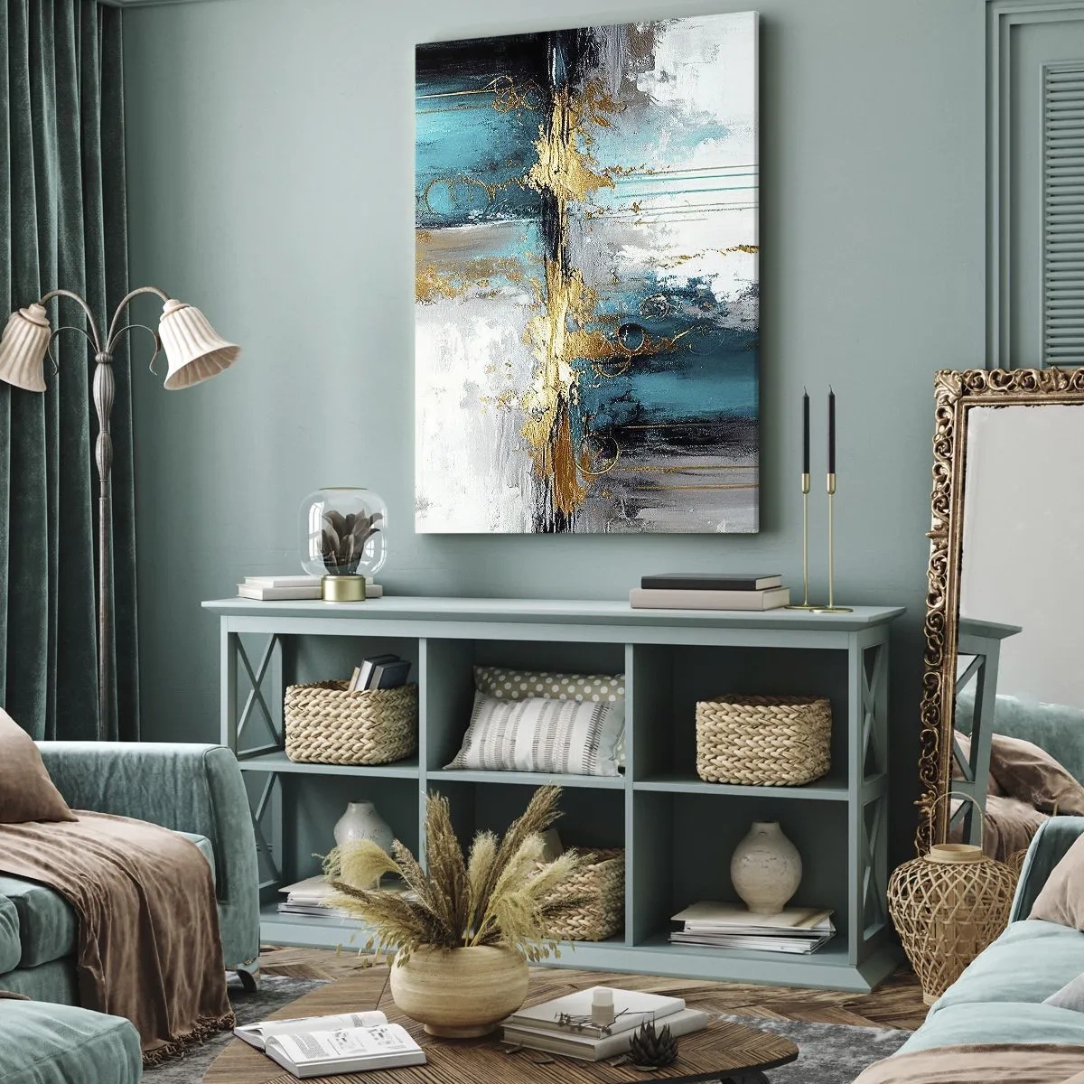 Bild auf Leinwand - Leinwandbild - Eine abstrakte Komposition mit türkisfarbenen und goldenen Akzenten. - 70x100cm - Alles fließt - Moderne Wanddekoration für Wohnzimmer und Schlafzimmer ARTTOR