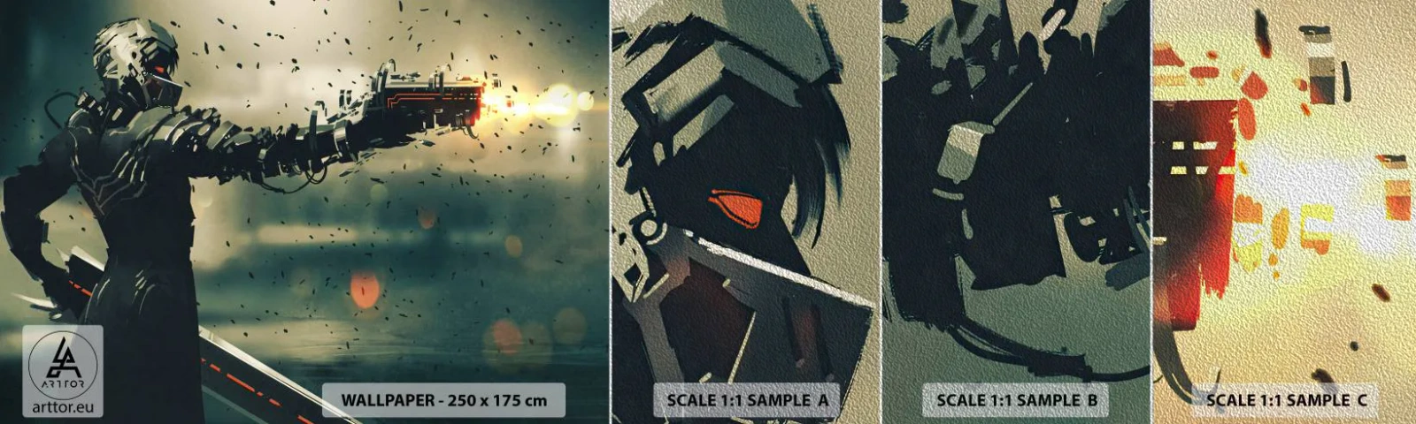 Fototapeten Muster Premium Sand - Tödliche Waffe - Dein ganz eigener Terminator - Abstraktion, Fantasie, Zukünftiger Krieger - 100x30 cm