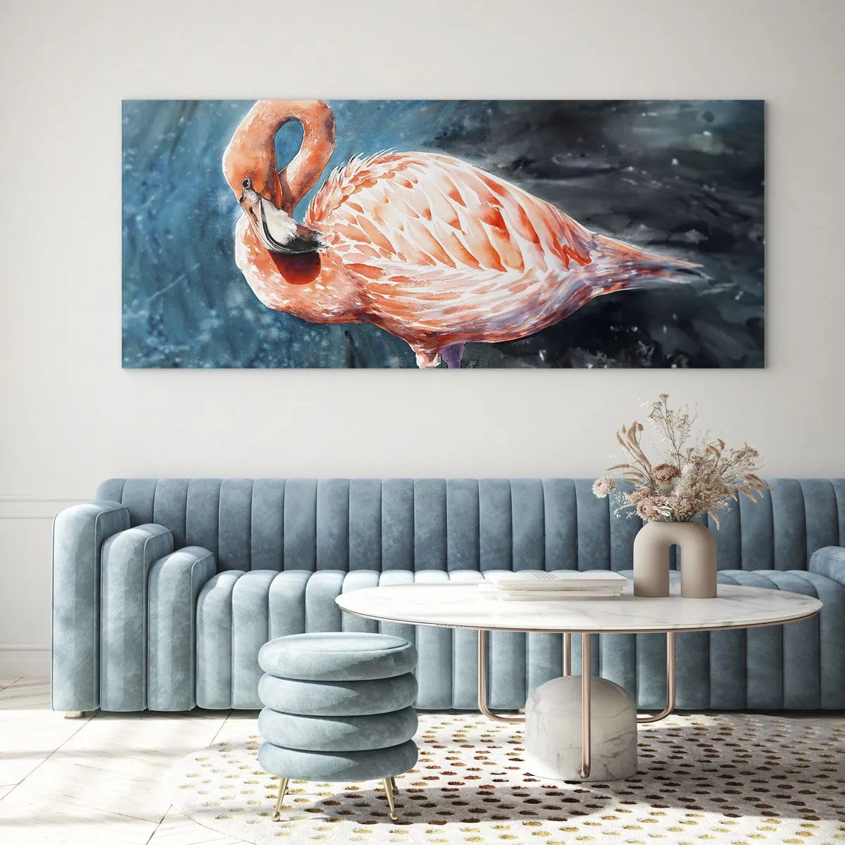 Glasbild - Bild auf glas - Ein rosa Flamingo auf einem aquarellblauen Hintergrund - 120x50cm - Von Natur aus dekorativ - Moderne Wanddekoration für Wohnzimmer und Schlafzimmer ARTTOR