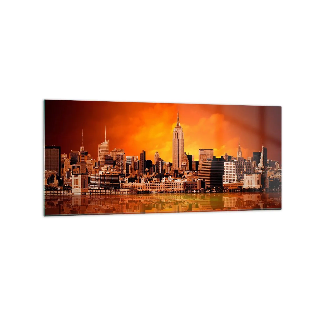 Glasbild - Bild auf glas - Panorama der Stadt bei Sonnenuntergang mit im Wasser reflektierten Gebäuden - 120x50cm - Das Großstadtpanorama in Gelb und Bronze - Moderne Wanddekoration für Wohnzimmer und Schlafzimmer ARTTOR