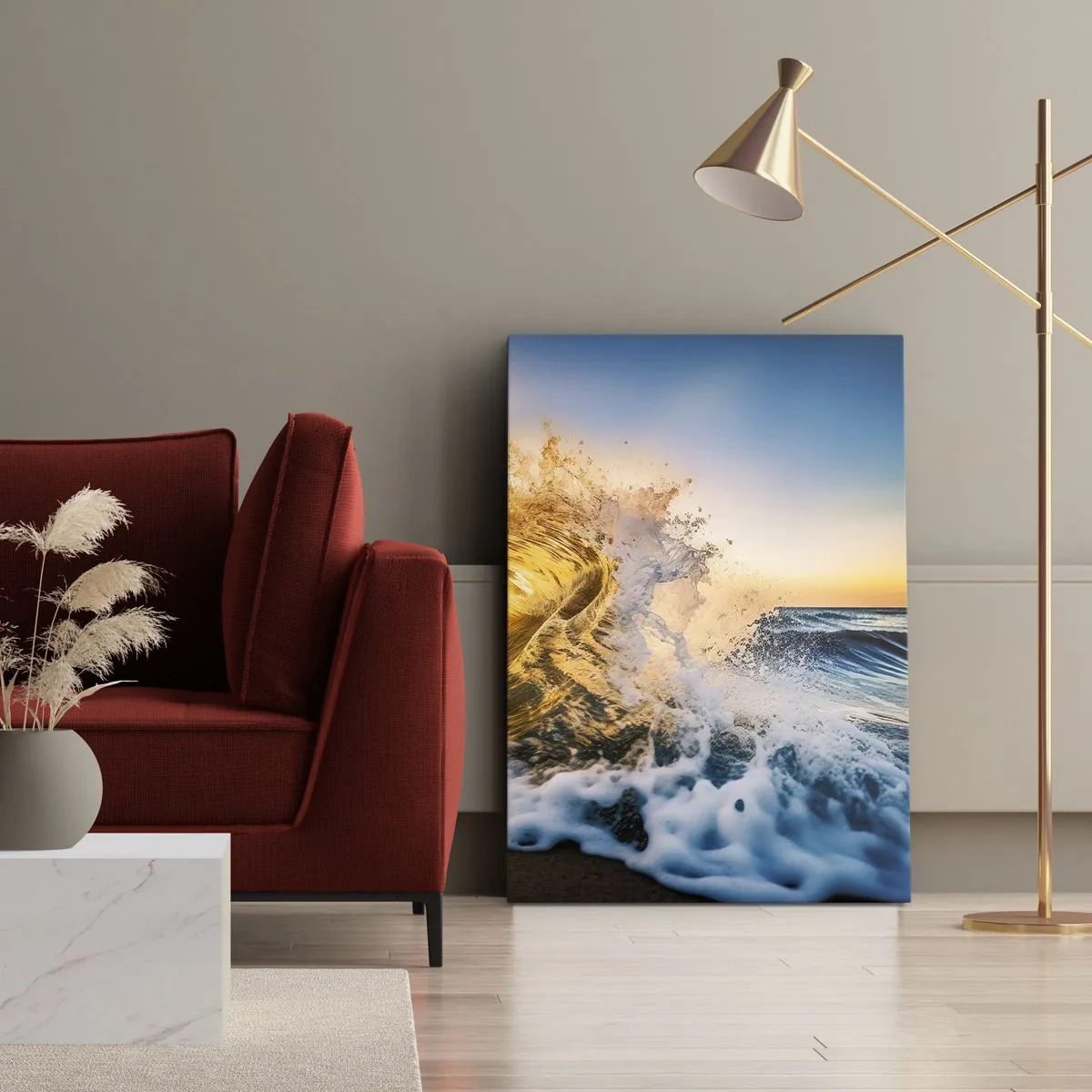 Bild auf Leinwand - Leinwandbild - Eine goldene Welle vor dem Hintergrund der untergehenden Sonne - 50x70cm - Spaß im Sand - Moderne Wanddekoration für Wohnzimmer und Schlafzimmer ARTTOR