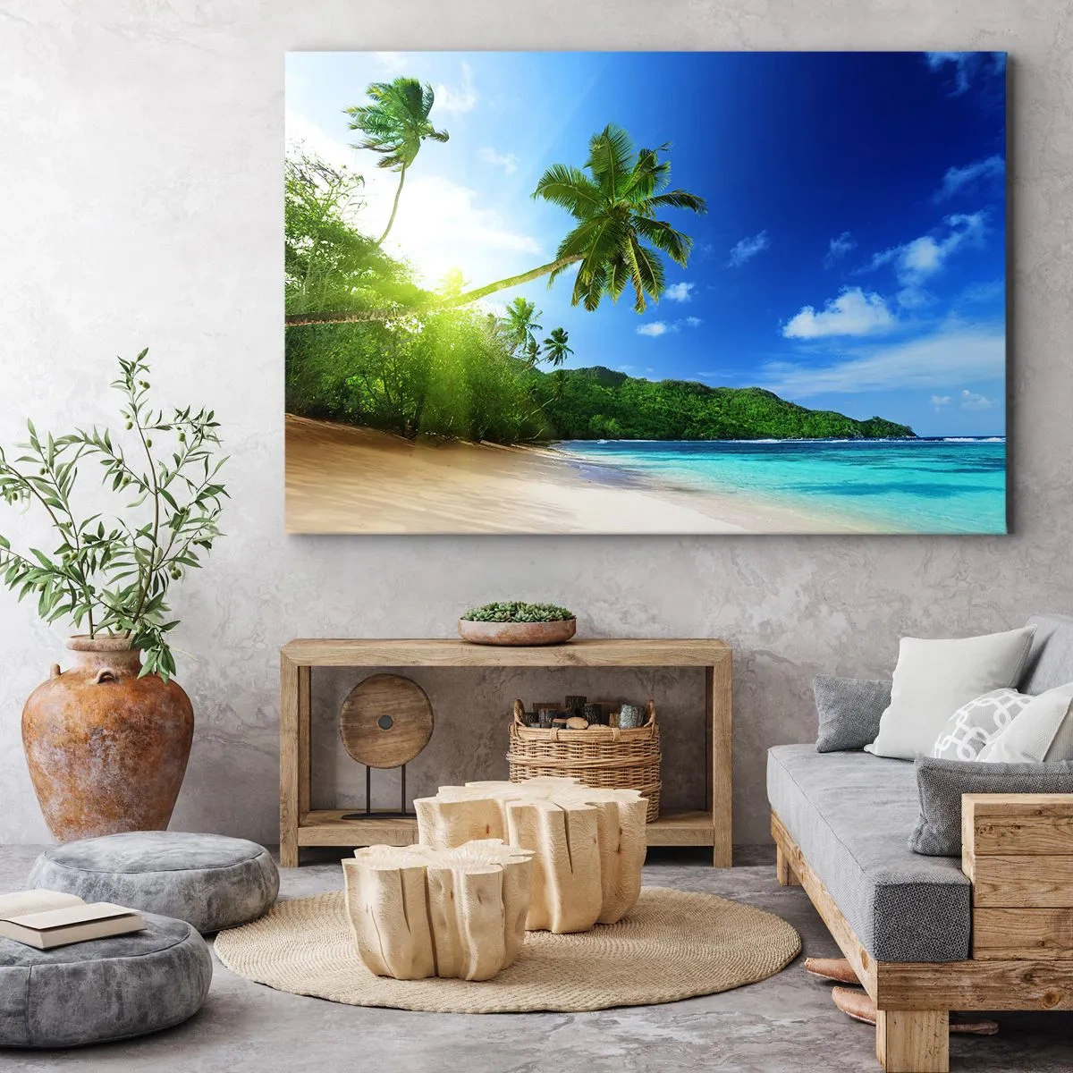 Bild auf Leinwand - Leinwandbild - Tropischer Strand mit Palmen und türkisfarbenem Meer - 120x80cm - Die sanfte Berührung der Tropen - Moderne Wanddekoration für Wohnzimmer und Schlafzimmer ARTTOR