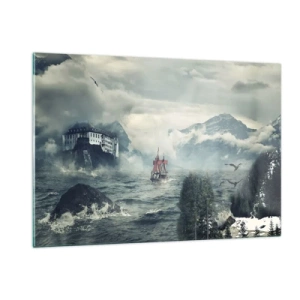 Glasbild - Bild auf glas - Ein Schiff auf stürmischer See mit einer Burg im Hintergrund - 120x80cm - In magischen Gewässern - Moderne Wanddekoration für Wohnzimmer und Schlafzimmer ARTTOR