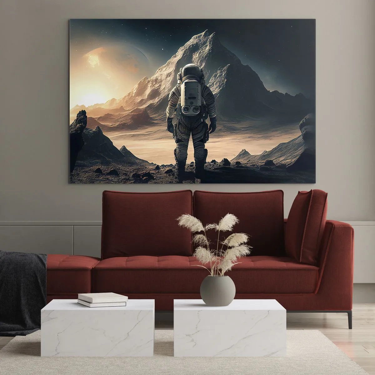 Glasbild - Bild auf glas - Astronaut auf einem fremden Planeten mit einer bergigen Landschaft - 70x50cm - Neue Herausforderung - Moderne Wanddekoration für Wohnzimmer und Schlafzimmer ARTTOR