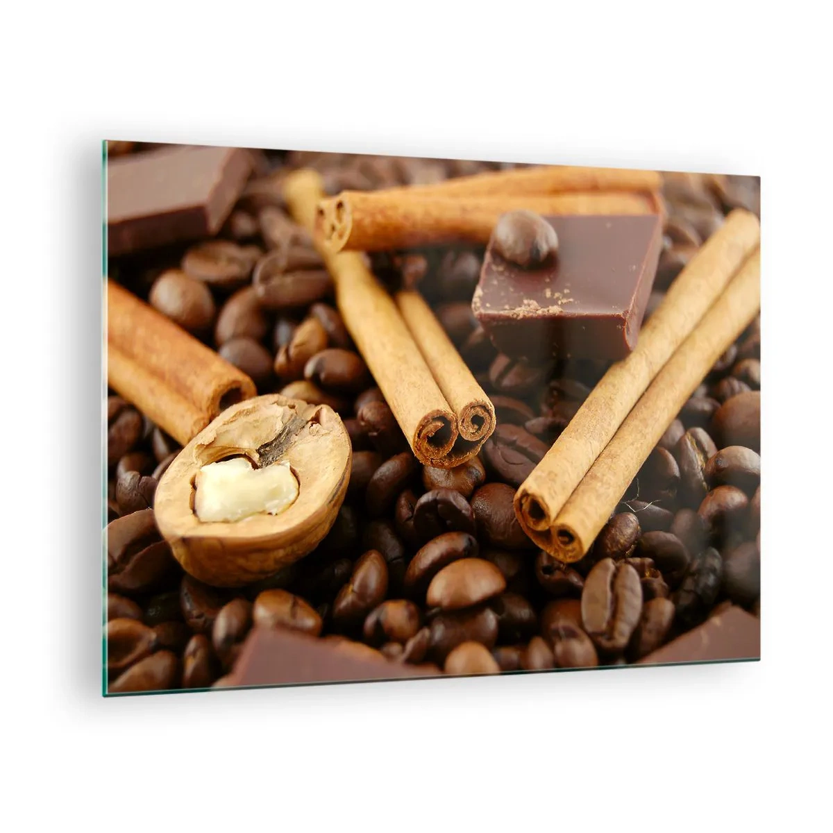 Glasbild - Bild auf glas - Nahaufnahme von Kaffee, Zimt, Schokolade und Walnüssen - 70x50cm - Konzert der Aromen - Moderne Wanddekoration für Wohnzimmer und Schlafzimmer ARTTOR