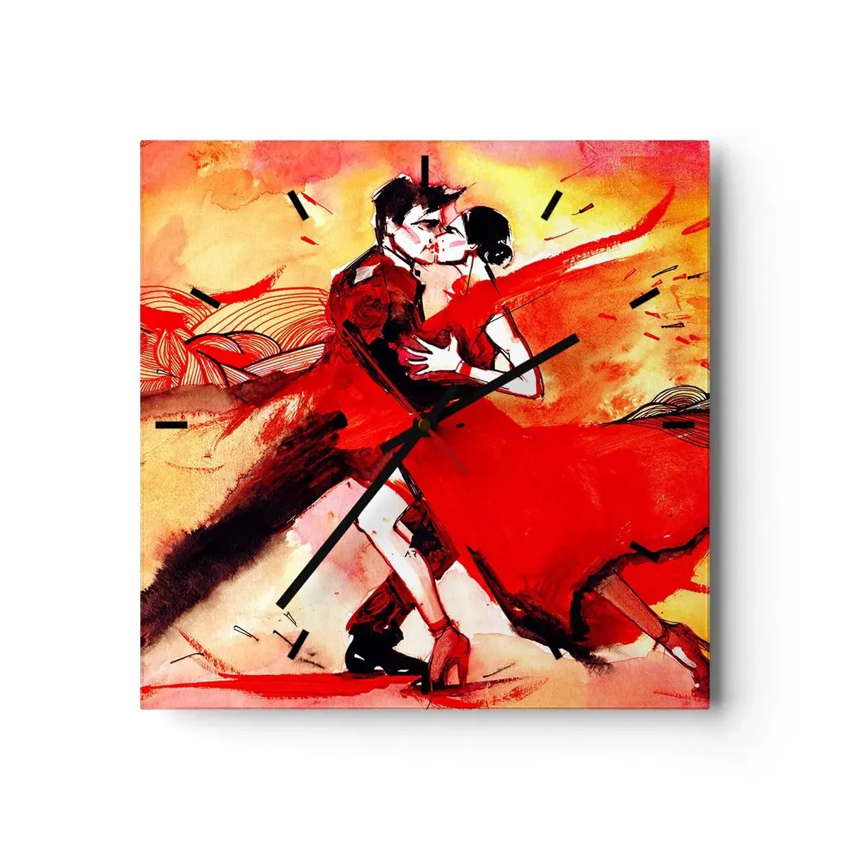 Wanduhr - Glasuhr - Ein Paar tanzt Tango in Rottönen vor einem dynamischen Hintergrund. - 30x30cm - Der violette Rhythmus der Leidenschaft - Moderne Wanddekoration für Wohnzimmer und Schlafzimmer ARTTOR