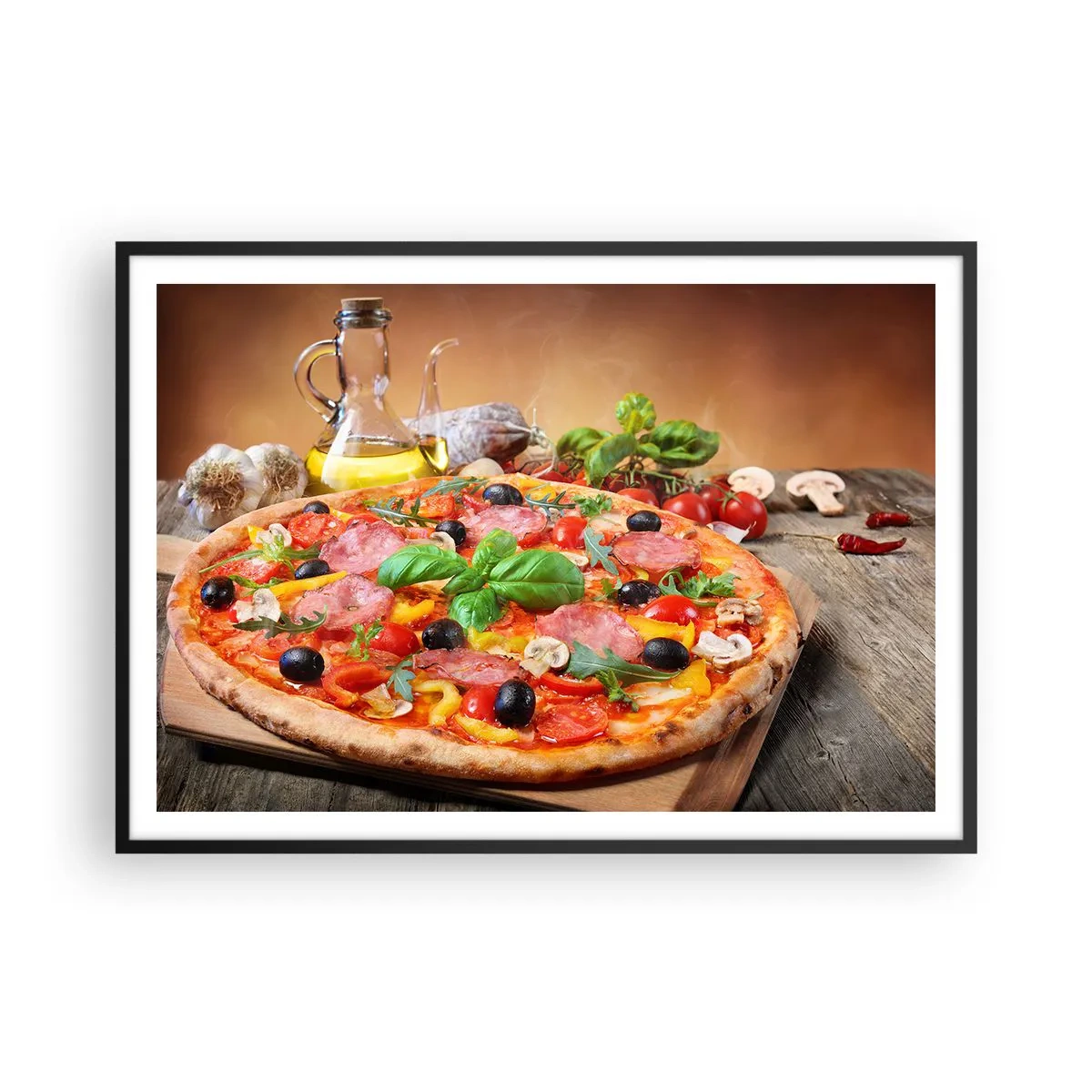 Poster in einem schwarzem Rahmen - Appetitliche Pizza auf einem Holztisch mit Belag - 100x70cm - Mit echtem italienischem Flair - Moderne Wanddekoration für Wohnzimmer und Schlafzimmer ARTTOR