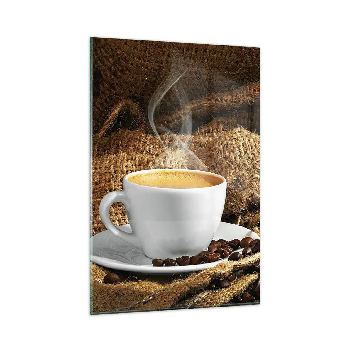 Glasbild - Bild auf glas - Eine Tasse Kaffee, umgeben von einer Tüte Kaffeebohnen - 80x120cm - Der Geruch von Mokka und die Dicke der Honigflüssigkeit - Moderne Wanddekoration für Wohnzimmer und Schlafzimmer ARTTOR