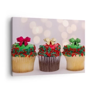Bild auf Leinwand - Leinwandbild - Weihnachts-Cupcakes mit bunten Streuseln und Schleifen - 70x50cm - Süßigkeiten bis zu der Schleife - Moderne Wanddekoration für Wohnzimmer und Schlafzimmer ARTTOR